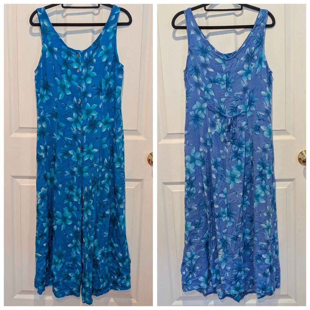 Darian Boho Cottagecore Floral Midi Dress Blue Rayon Button Front Summer Size 12